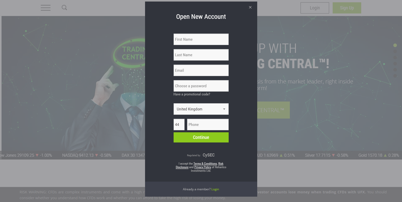 UFX Account registration form
